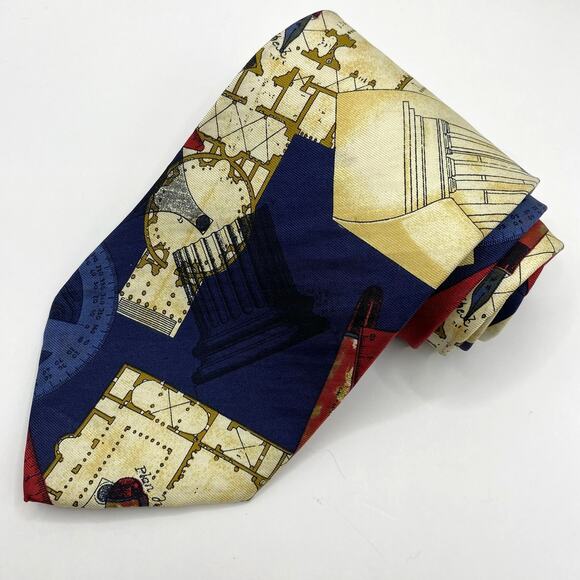 VTG Structure Italian Fabric Silk Tie Men Navy Architecture Blueprint USA Made